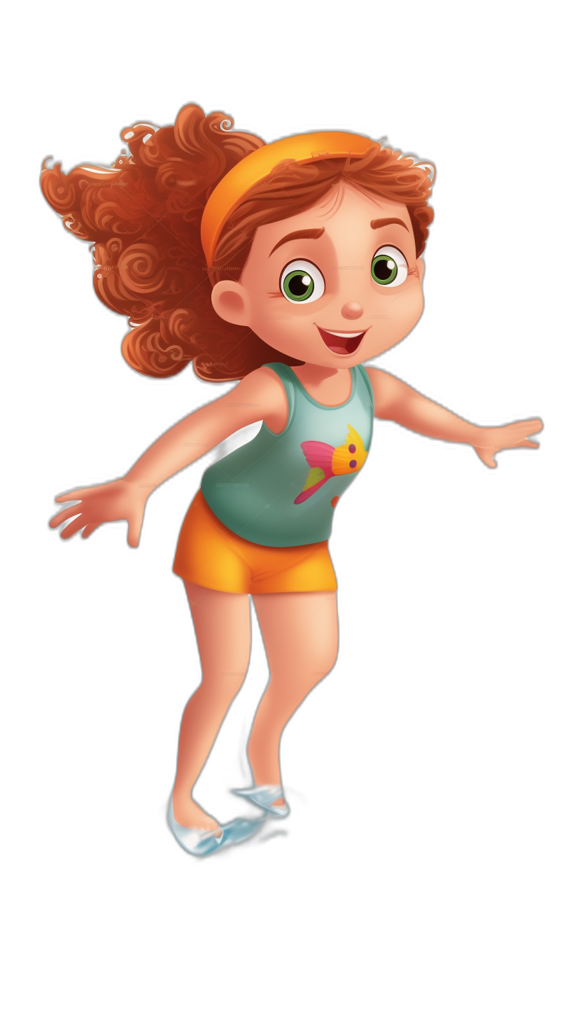 A cute little girl, with curly brown hair and green eyes wearing shorts and an ice skating tank top is flying in the air, in the style of Disney Pixar cartoon on a black background, as a full body, with a cute cartoon character design, cute legs, cute shoes, cute hands, and a cute face expression, with simple lines, simple color blocks, simple details, high definition, high resolution, bright colors, and 3D rendering.