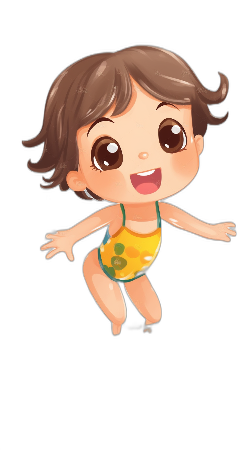 A cute baby girl in a swimming suit is jumping. The simple drawing style features a black background, big eyes and a happy face. The illustration is in the style of cartoon character design, with a full body portrait, simple lines, simple details, and a high saturation color scheme. It has a high resolution and is in a 2D flat style on a black background with a cute cartoon design.