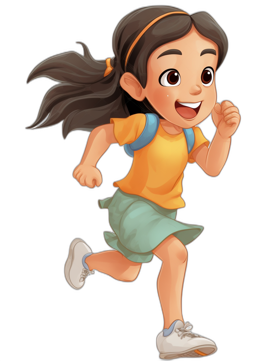 A cute little girl is running with a smiling and happy expression. She is wearing simple  in a flat illustration style with a black background in the style of a cartoon character design. The image shows colorful animation stills of cartoon characters in a Q-version full body portrait with a high definition resolution against a solid color background. She is wearing short sleeves and shorts with a backpack on her back and sneakers on her feet in the style of charming illustrations.