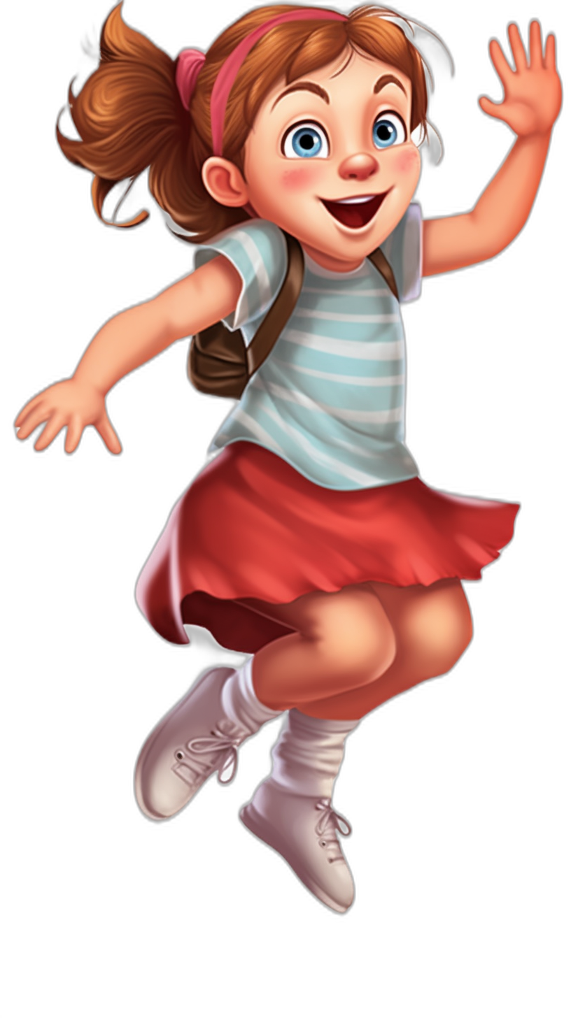 Cute girl, in the style of Pixar, cartoon character jumping up with a happy expression on her face, wearing white shoes and pink socks on her feet, a red skirt, a blue striped shirt, a brown backpack, against a black background, with a high definition cartoon rendering effect.