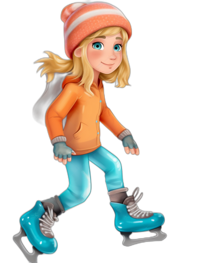 A blonde girl is ice skating, wearing an orange jacket and blue pants with white stripes on the side of her sleeves, black background, in the style of Disney Pixar character design, 3D rendering, full body shot, wearing skates on her feet, high quality, high resolution, high detail, colorful , cute expression, wearing a hat, happy face.