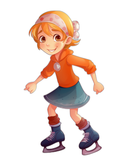 A cute little girl, wearing an orange sweater and blue skirt with a red headband in her hair, ice skating in the style of [Studio Ghibli](https://goo.gl/search?artist%20Studio%20Ghibli)'s characters. Black background. Full body shot. She has short blonde bobbed hair, big brown eyes, a smiling face expression, and is standing upright. The illustration should have vibrant colors and soft lighting to highlight her features. High resolution, high quality, sharp focus, intricate details, highly detailed.