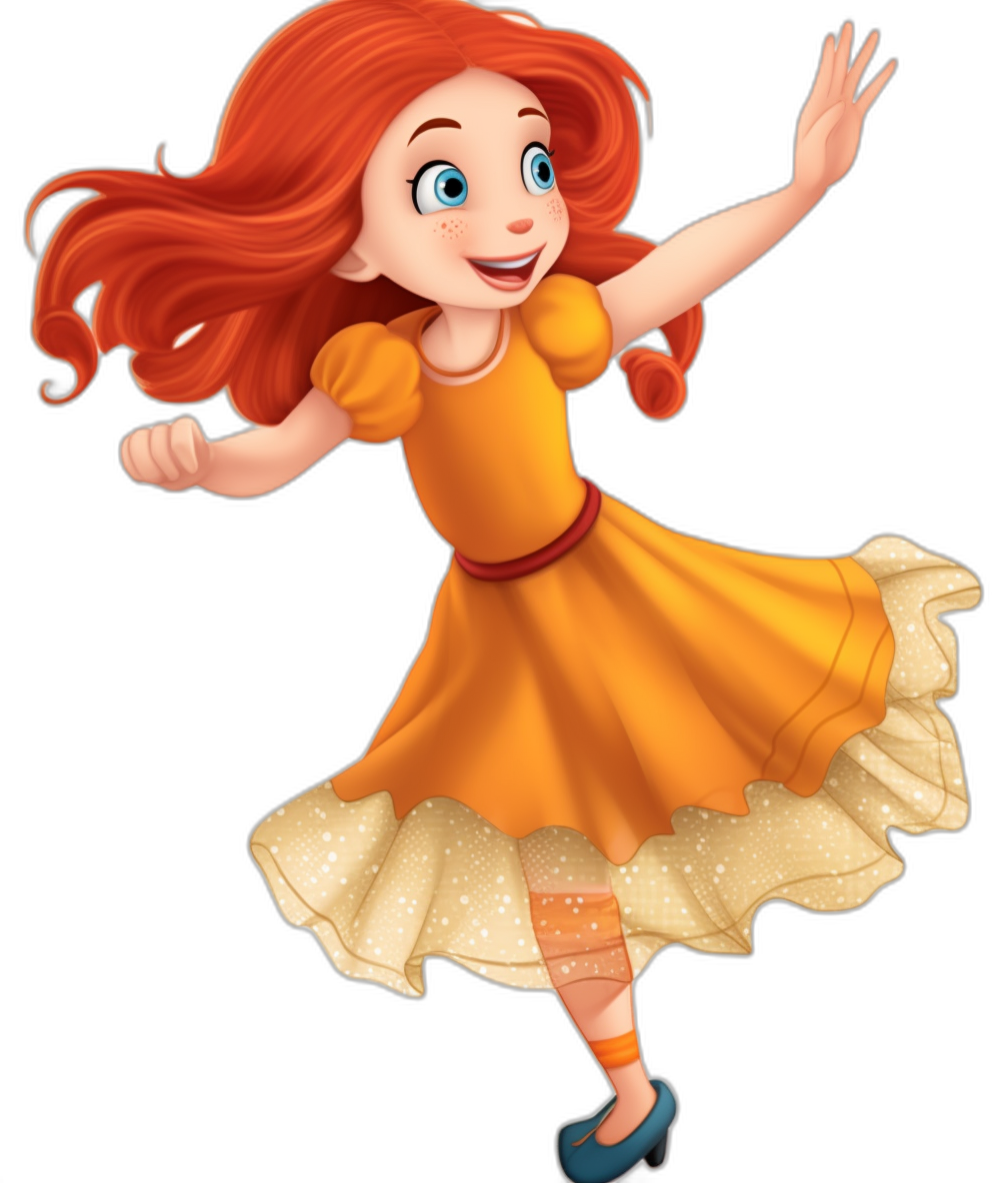 A young girl with red hair in an orange dress and blue shoes, smiling while dancing on a black background, in the style of Disney cartoon character clipart.