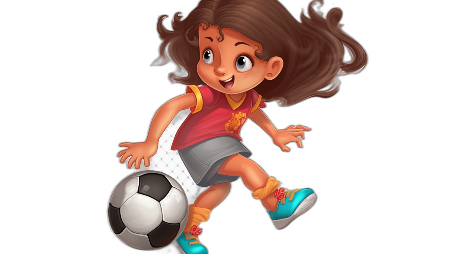 cartoon character of an Indian girl playing football, wearing red and blue shoes, short skirt with white band on the bottom, long brown hair in pigtails, black background, 2d game art style, in the style of Disney Pixar, cute expressions, full body, high resolution, octane rendering, vector illustration, digital painting, natural light, cinematic angle, hyper realistic