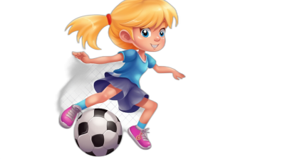 A blonde girl with blue eyes and pigtails is kicking a soccer ball in the style of a cartoon on a black background. The illustration has a simple, cute style with a 2D game art design and simple color palette. There are simple shadows without low contrast, blurry edges, sharp corners or blur. The image has high resolution and detail without grainy textures, pixelation, low saturation, gradient, noise, complex shading or high saturation colors. There is no black border.