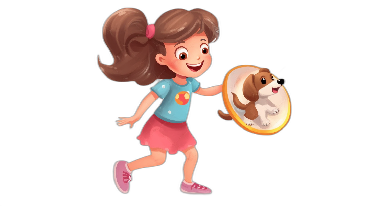 A cute little girl with brown hair in pigtails is running and holding out her hand to the cartoon dog inside of a frisbee. A flat design illustration in the style of frisbee on a black background. A simple, colorful, full body portrait in a high resolution, high quality style.