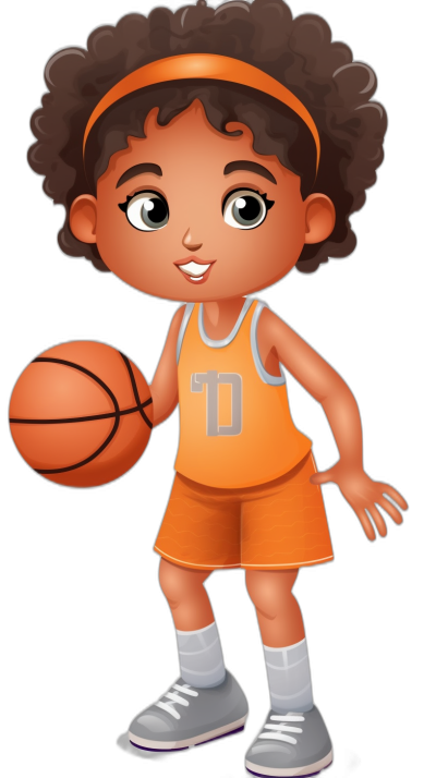 An illustration of a cute little girl basketball player in the style of Dora Theergal, wearing an orange and white uniform with the number "2", holding a ball under her arm, with black curly hair styled short on top and long down her back, with simple facial features and large eyes, with a round head shape, as a cartoon character, clip art sticker vector graphic design, with a transparent background, high resolution, and high detail.