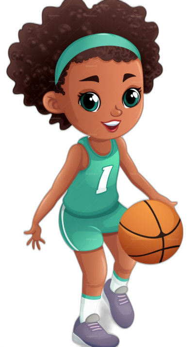 A cute little black girl basketball player in the style of digital illustrations, wearing an emerald green jersey with white accents and numbers on it. She has big hazel eyes, dark brown skin color and hair, purple shoes, is dribbling her ball while smiling, clipart isolated against a solid pure black background, vector illustration for a children's book, high resolution.