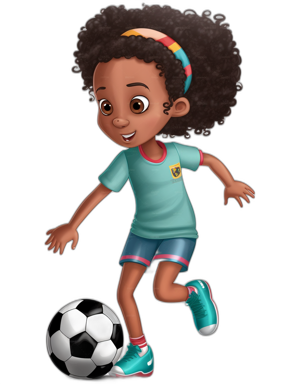 An African American girl character playing soccer with short curly hair and wearing blue shorts, black shoes and a colorful t-shirt. On her head she has a small green bandana in her brown afro. The character is depicted in the style of Pixar with intricate details in a full body view against a solid pure black background.