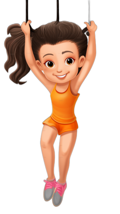 A cute little girl is hanging on the trapeze in the style of a cartoon with a black background and orange , in the style of Disney Pixar character illustrations, wearing pink shoes, with a smiling face, as a full body portrait, in a cute pose, with black hair, brown eyes, hands up high, with a yellow skin tone, in solid color , with a simple design, on a black background, at a high resolution, of high quality, with 3D rendering, providing the best details, with perfect lighting.