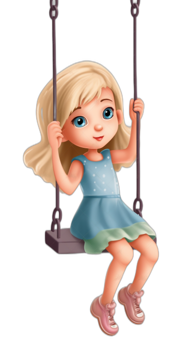 A cute little girl with blonde hair, blue eyes and pink shoes is sitting on the swing. She has an adorable face and is wearing a light green dress. The background of her illustration should be black. The art style should be like Pixar cartoons. The art style should also be like Disney cartoons. Black Background. Full body portrait.