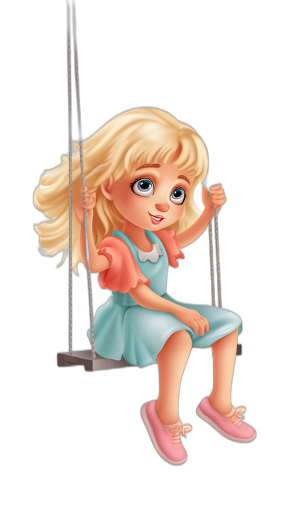 Cute blonde girl sitting on the swing, wearing a blue dress and pink shoes, against a black background, in the style of cartoon, in the Disney Pixar animation style, cute