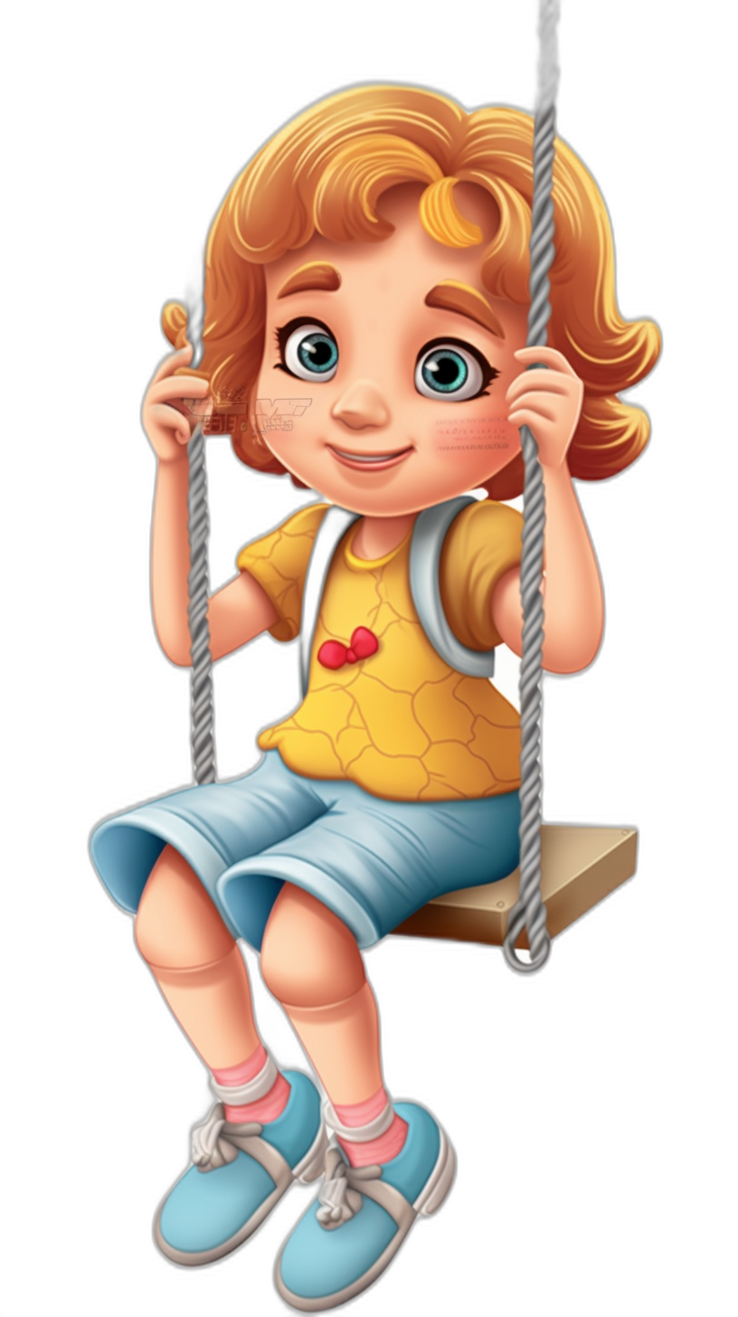 A cute cartoon girl sitting on the swing, wearing a yellow shirt and blue pants with pink socks, with big eyes, short curly blonde hair, in the style of Pixar, with a black background, at a high resolution.