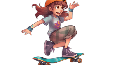 A girl is riding on her skateboard, she has brown hair and bangs with blue eyes wearing an orange cap, grey t-shirt, plaid pants, purple shoes and socks. She's smiling with one hand in the air waving as if trying to catch something. The background of the illustration should be plain black. In cartoon style, 2D game art.