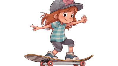 A cartoon girl is riding on her skateboard, wearing a cap and casual  with a flat illustration style in a full body shot against a black background. The illustration is high resolution, high quality and high detail.