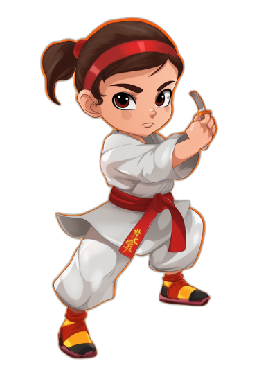 cartoon girl character design of a karate fighter in the style of chibi, isolated on a black background, wearing a white outfit with a red belt and yellow shoes, using simple shapes, with cute features, a red headband in her hair, in an action pose, in a fighting stance