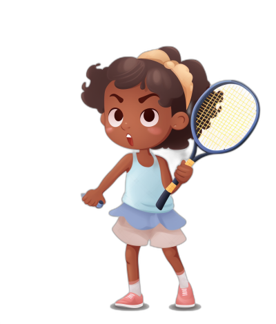 African American girl playing tennis, cute cartoon style, full body shot, black background, children's book illustration art in the style of Disney Pixar animation