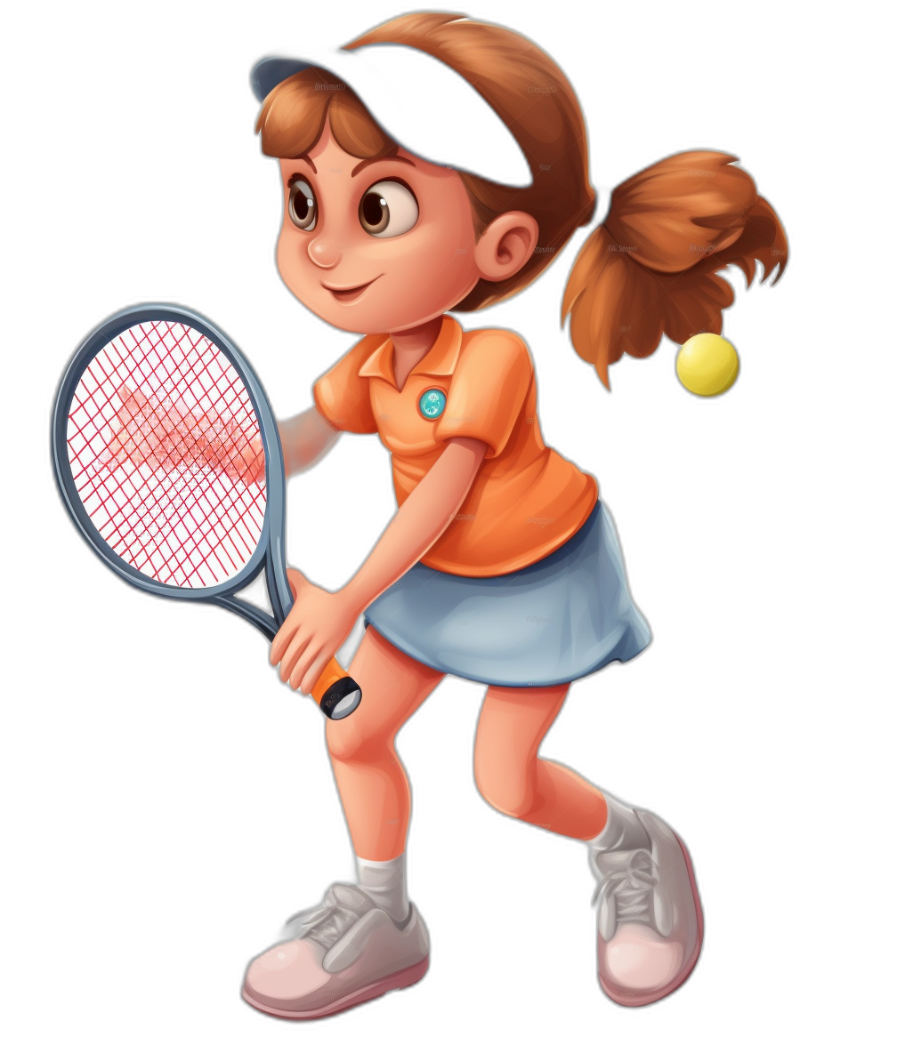 A girl playing tennis, wearing an orange shirt and blue skirt with white shoes. She has brown hair in pigtails tied into one ponytail that she wears on her head. The character is holding the racket at chest level while hitting the ball. In a cartoon style. Isolated black background. Full body shot.