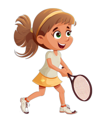 Cute cartoon girl playing tennis, full body shot, simple flat vector illustration style with black background. She has green eyes and is wearing an amber headband and white shoes. Her skirt's color accentuates her skin tone. The girl holds the racket in front of her while smiling. It's in the style of Pixar animation, with a focus on her face.