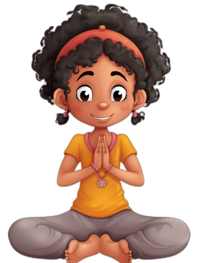 A cute little African American girl with black curly hair in the style of Disney's Aladdin. She is wearing yoga pants and an orange t-shirt, her hands have pink chakra stones on them as well. Clipart, isolated against a solid pure black background, clean edges and no shadows under the character.