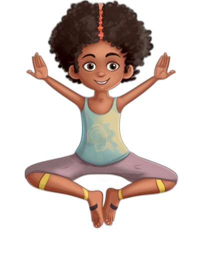 African American cartoon character of a young girl doing yoga, floating in the air with a black background. She has an afro and is wearing a light blue tank top and purple pants. Her hands have yellow bracelets on her fingers and she's smiling. The style should be reminiscent of the style of Pixar animations. Use a vector illustration technique to create intricate details for each element in the scene with minimal editing of the original text.