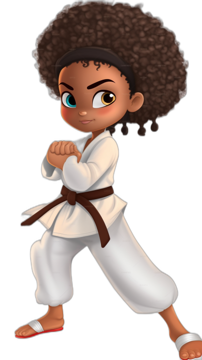 A young black girl with curly hair in a white karate outfit, brown belt and shoes, doing an aunotary pose. In the style of Pixar, a cartoon character. Black background. She has big eyes and is smiling.