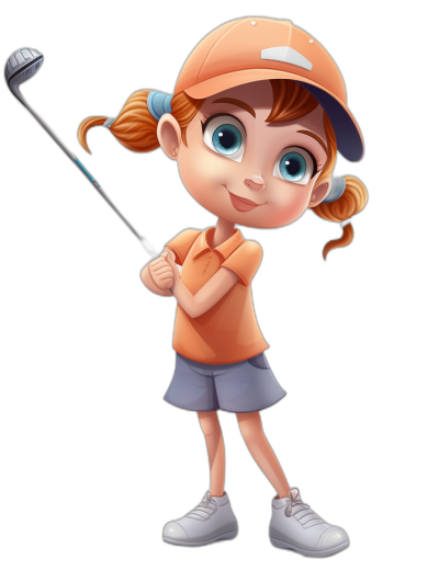 A young girl playing golf, wearing an orange shirt and blue shorts with white shoes, in the style of a cartoon character design, black background, holding the club in her hand, with a cute expression on her face, big eyes, brown hair tied into pigtails, no hat or cap, simple lines for details, bright colors. Pixar Disney style cartoon character design vector illustration.