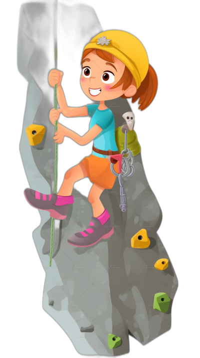 A cartoon girl climbing an indoor rock wall with safety equipment in the style of clip art, isolated on a black background with minimal editing to the original text and removing any Chinese characters while correcting spelling and grammar errors and repeated words.