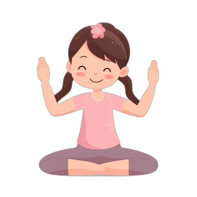 A cute little girl doing yoga in a flat illustration style with a simple design and solid color background. The illustration uses simple lines and shapes with a black background in a minimalist and cartoon style. It shows the front view of the pink-clothed girl with brown hair and a flower in the middle of her head. Her hands are up to show her palms forward and she has a smiling expression while sitting in a cross-legged position.