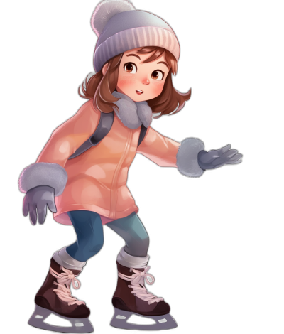 A cute girl wearing ice skating shoes, winter  and a hat, with simple facial expressions and simple lines in the style of Disney character design, on a black background with no shadows on the body, in a cute cartoon design as a full-body shot with high resolution, high detail, high quality, and high sharpness as the best digital art.