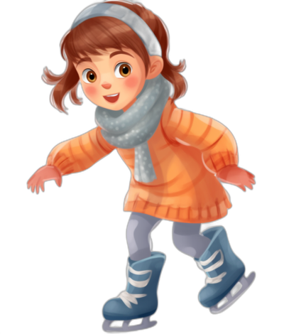 Cute girl skating, wearing orange sweater and blue scarf, black background, cartoon style, flat illustration of children's book illustrations, wearing ice skates on feet, cartoon character design, simple lines, simple details, full body portrait, cartoon cute, black shoes, simple strokes, no shadows, simple color blocks. Black background. Pixar Style. Isolated on white or transparent background. Childrens book cover art. 2D game art. Cartoon character design. 3d render.