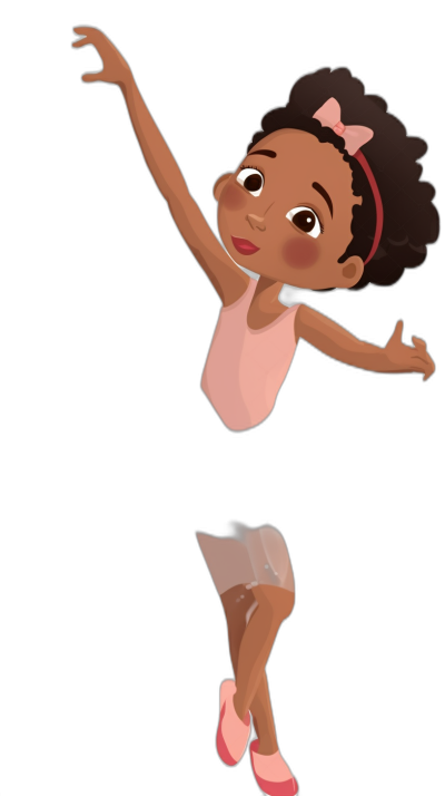 A cute little black girl wearing pink and white is dancing ballet in the style of Pixar animation on a solid black background. She has brown eyes with light skin tone, hair and is dressed for an African American wedding party. Her shoes have bows on them and she's holding her hand out to stop from falling over. In a cartoon clip art format. The lighting effect gives it a soft glow and shadow that adds depth and dimension to the drawing, minimally editing the original text.