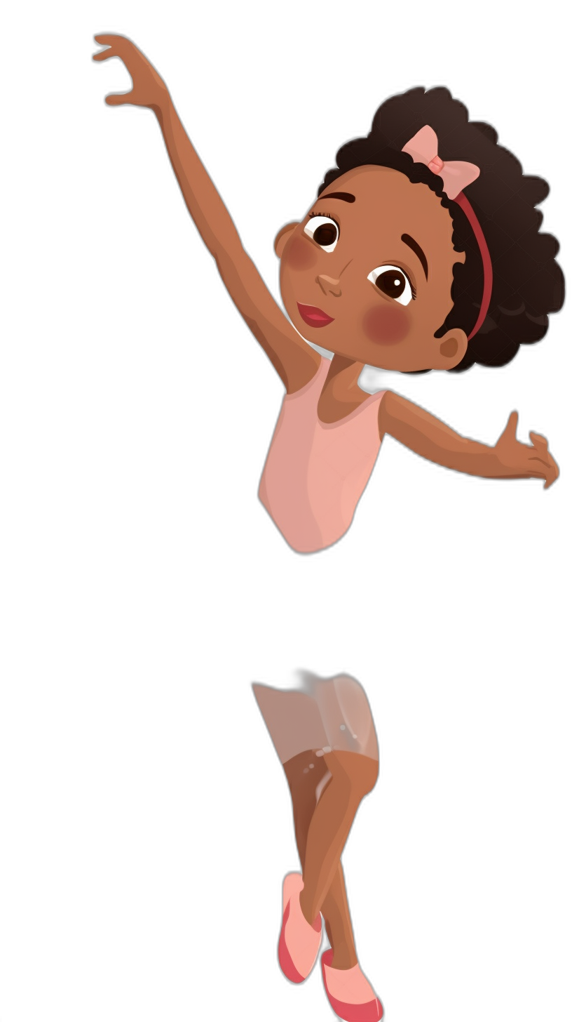 A cute little black girl wearing pink and white is dancing ballet in the style of Pixar animation on a solid black background. She has brown eyes with light skin tone, hair and is dressed for an African American wedding party. Her shoes have bows on them and she’s holding her hand out to stop from falling over. In a cartoon clip art format. The lighting effect gives it a soft glow and shadow that adds depth and dimension to the drawing, minimally editing the original text.