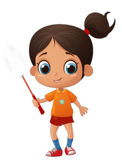 A cute little girl holding an electric toothbrush, in the style of a cartoon character design, with simple and colorful  on a solid black background. She has red shoes, big eyes, short hair with bangs hanging down to her face, wearing an orange t-shirt and dark blue socks. In the style of a cartoon illustration, this high definition resolution and high quality full body portrait shows her in a simple outfit.