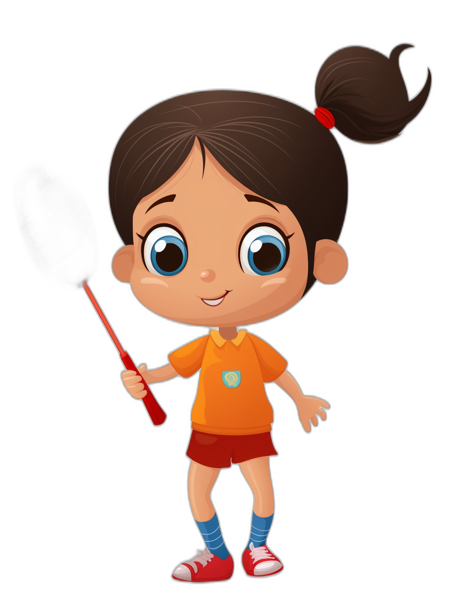 A cute little girl holding an electric toothbrush, in the style of a cartoon character design, with simple and colorful  on a solid black background. She has red shoes, big eyes, short hair with bangs hanging down to her face, wearing an orange t-shirt and dark blue socks. In the style of a cartoon illustration, this high definition resolution and high quality full body portrait shows her in a simple outfit.