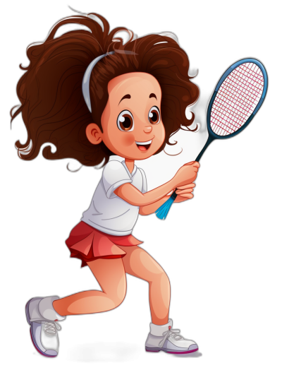 A cute little girl playing badminton, smiling and running with the racket in her hand. She has brown hair that is curly at the top but straighter below. Her  include a white t-shirt and red skirt. The black background color will make all characters look more vivid. Vector illustration. A Pixar style cartoon character. A full body shot isolated on a black background.