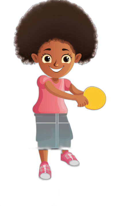 Cute African American girl playing frisbee clip art in the style of a cartoon, vector, simple black background, pink shoes and shirt, short skirt, big eyes, afro hair, smiling, holding a yellow frisbee in hand.