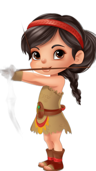 Pocahontas playing an archery game in the style of a Wreck-It Ralph character, in a cute chibi style on a black background as a 2D cartoon.