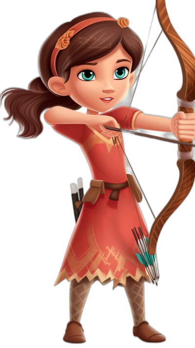 A young girl with brown hair in pigtails, wearing an archer outfit and holding her bow ready to shoot arrows. She has bright green eyes and is smiling confidently at the camera. The background of the illustration should be black for easy removal later on. With a Disney style cartoon character design. A full body portrait.