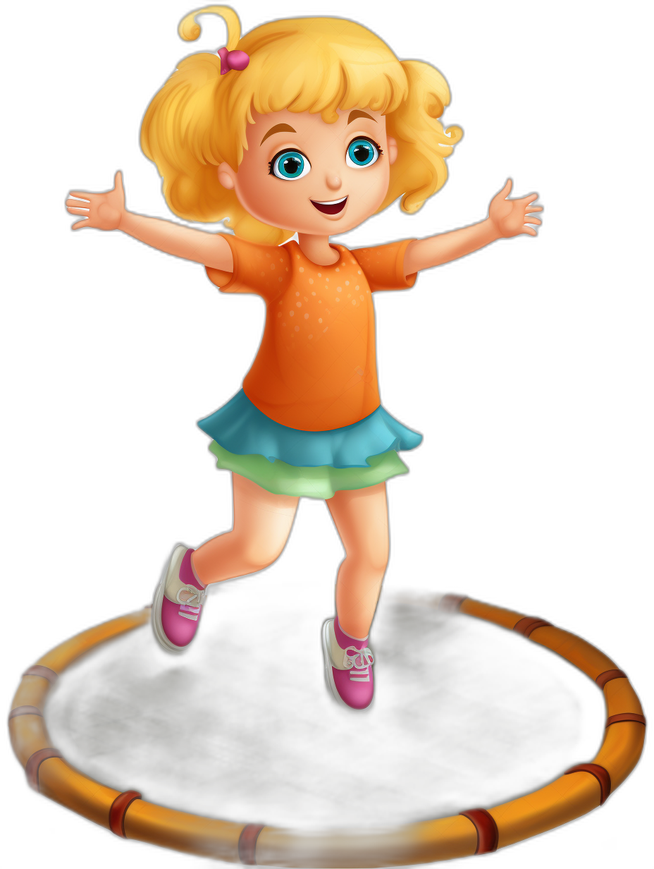 A cute little girl with blonde hair, blue eyes and pink shoes is jumping on the trampoline, wearing an orange T-shirt and green skirt. She has a black background with a Disney style cartoon character design rendered in 3D at high definition, high resolution and high detail for the best quality and details.