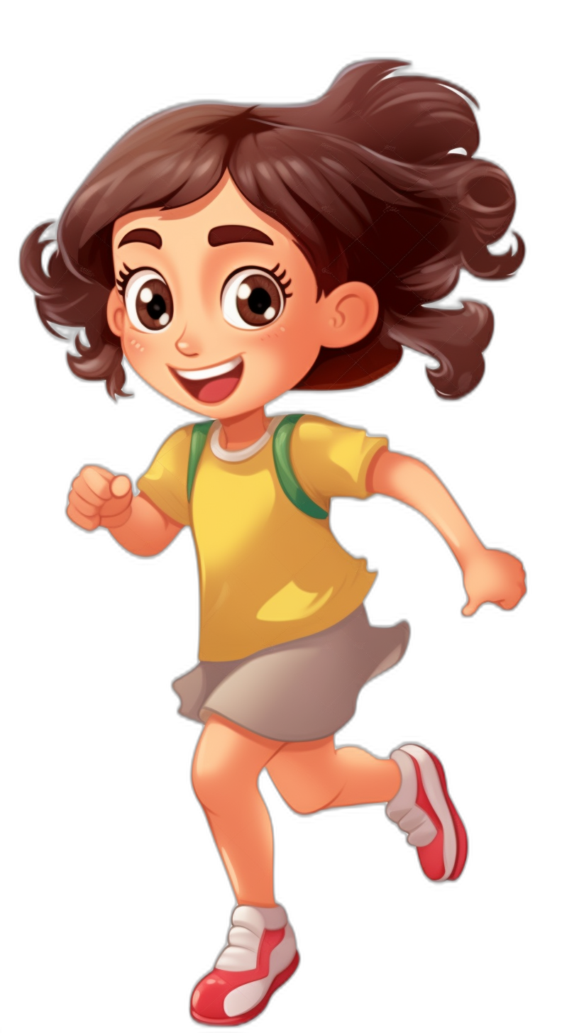 A cute girl is running with a happy expression in a full body portrait in the style of Disney cartoon character design on a black background, wearing a yellow short-sleeved shirt and gray skirt with a green backpack on her back and red shoes, with brown curly hair, big eyes, a smiling mouth, and high definition details in a cartoon style as a flat illustration full of vitality.