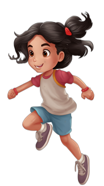 A cute little girl is running in the style of Disney style cartoon character design with a simple background. It is a full body portrait of a black haired girl with bangs and a curly side ponytail, wearing white short sleeves and blue shorts, purple shoes on her feet, smiling expression, red headband tied to the right of her forehead. It is a flat illustration in the style of 2D game art with high resolution on a black background with high detail.