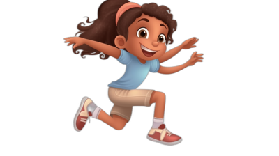 A young girl with brown skin, curly hair wearing a blue t-shirt, beige shorts and red shoes jumping on a black background in the style of Pixar animation.