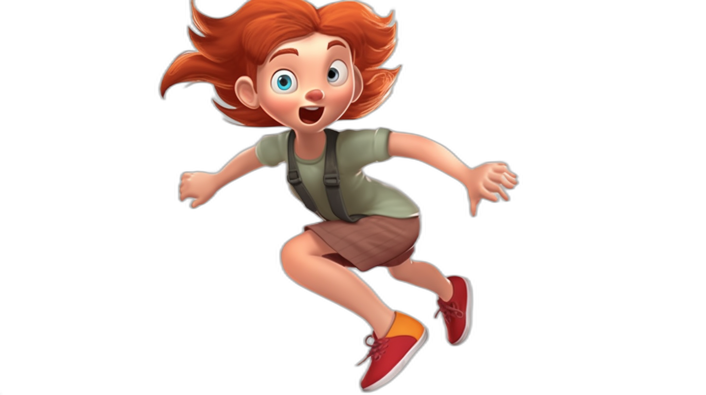 A red haired girl with short curly hair, a green t-shirt and brown shorts and red shoes is running on a black background in the style of Pixar Animation. She has blue eyes, pale skin, a small nose, a long mouth and sharp teeth. Her face looks like she is happy to be running. The character has a backpack for hiking. A full body shot.