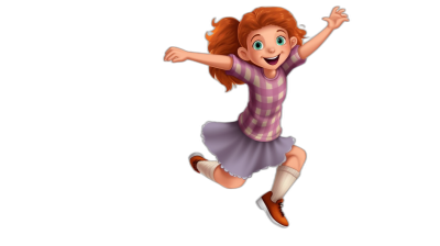 A cute girl with red hair in the style of Pixar, wearing a purple plaid short-sleeved shirt and white skirt is jumping on a black background, full body, wearing orange shoes, green eyes, smiling, cartoon character design sheet, in the style of Disney Pixar Animation movies, 3D rendering, in the style of Disney Pixar animation.