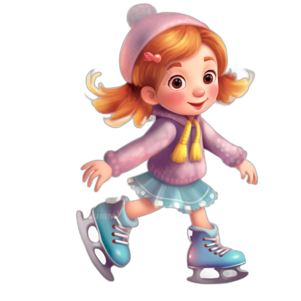 Cute girl character ice skating, clip art for kids, cartoon style, black background, no shadow, cute and adorable, high resolution, in the style of no artist.