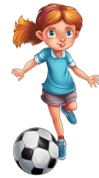 A cute cartoon girl playing soccer, wearing a blue and white jersey with short pants, her red hair in a ponytail, green eyes, against a black background, in the clipart style, with pixar quality.