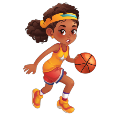 A cartoon-style girl basketball player in action, wearing a uniform and sneakers with vibrant colors on her headband or jersey. She is dribbling the ball while smiling against a black background. Vector illustration. Cartoon character design. A black woman playing sports. Full body portrait of a cute dark skinned young female athlete with curly hair wearing a yellow shirt, red shorts, and orange shoes with a blue bandana isolated on a white background.