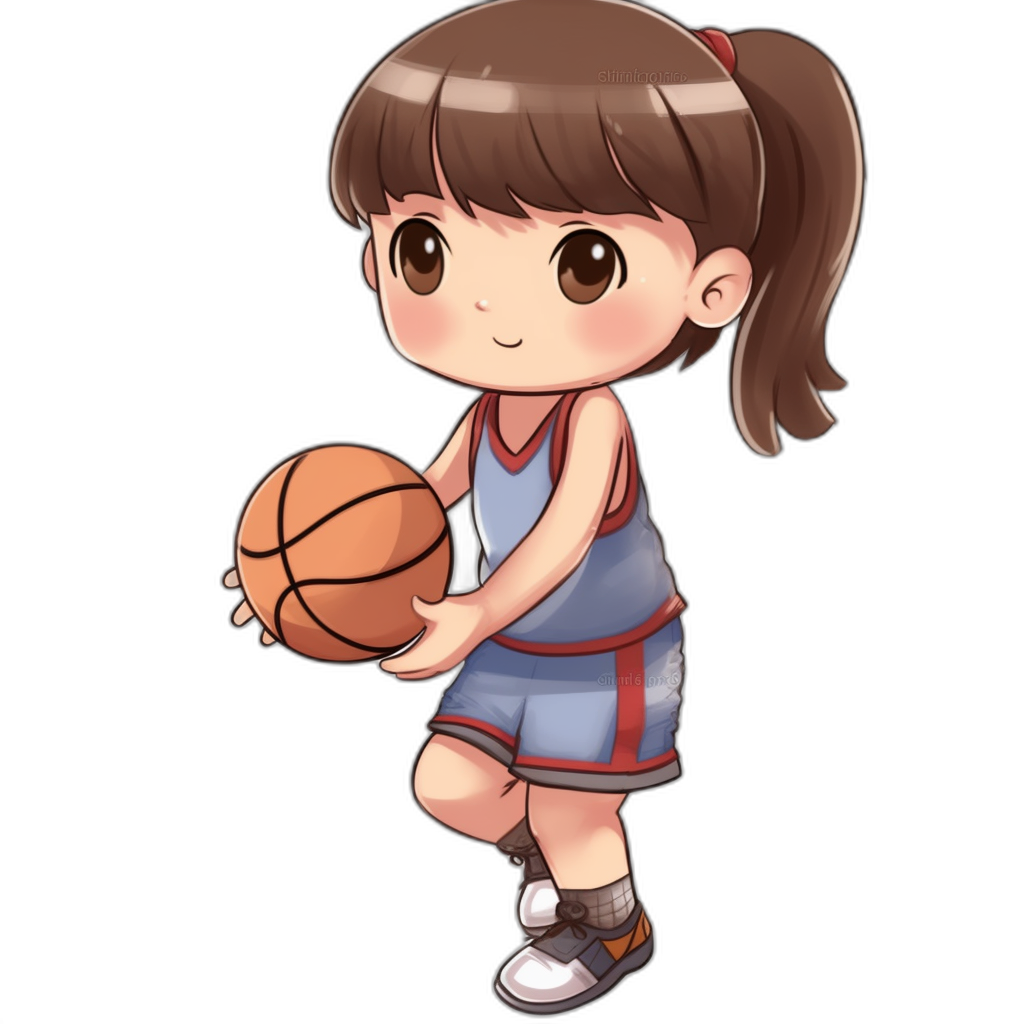 chibi style, girl basketball player with brown hair in a ponytail and a blue jersey playing basketball on a black background in the style of Chungfeng.