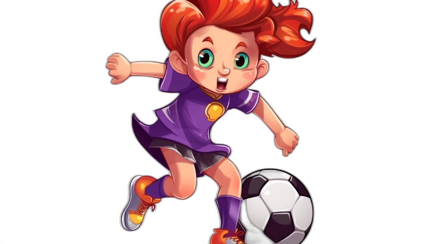 A cute red haired girl playing soccer in the style of cartoon, purple shirt and shorts, full body, black background, game art.